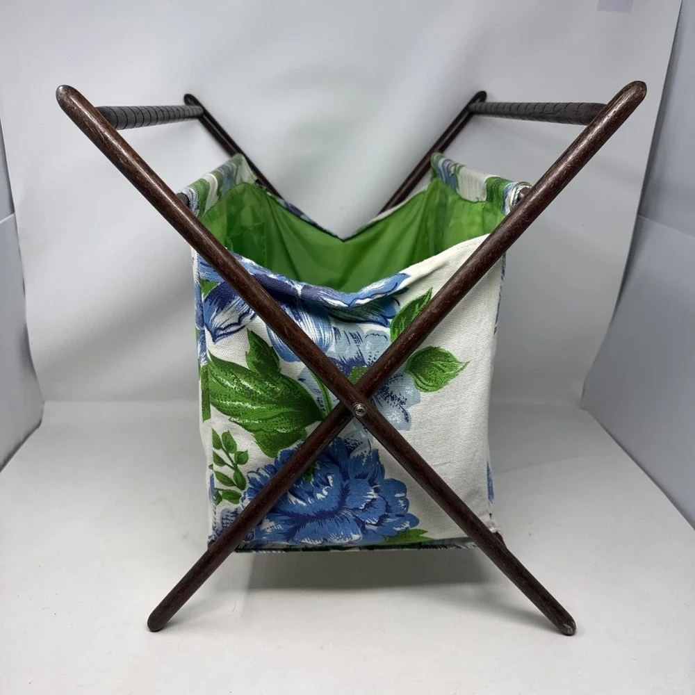 Vintage Folding Wood Frame Sewing Basket Craft Caddy Floral Fabric MCM 16